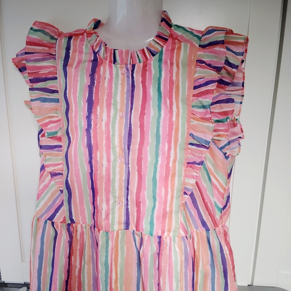 Joy Joy Ruffle Cinched Wasit Rainbow Striped dress Sz-L - Picture 3 of 6